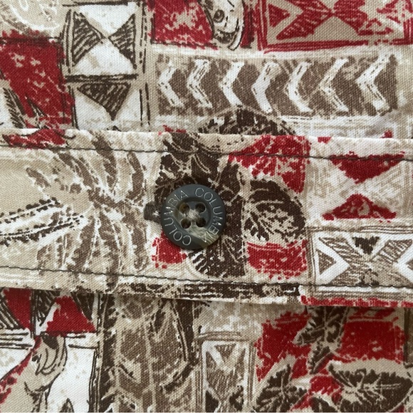 Columbia XL AOP Mens Beige Red Green Fish Palm Trees Print Button Front Shirt - Picture 4 of 4